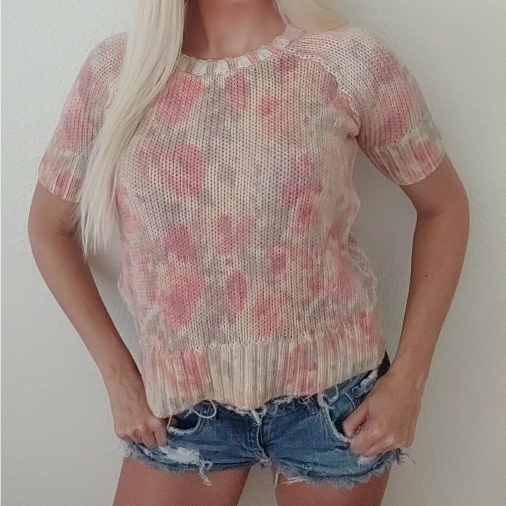 Zara Knit Short Sleeve Floral Sweater Top Sz M